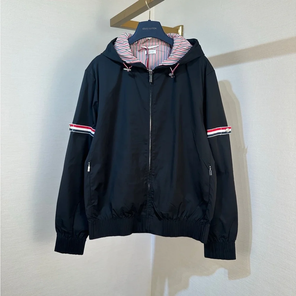 Thom Browne Black Hooded Zip Jacket with Red and White Stripe Detail